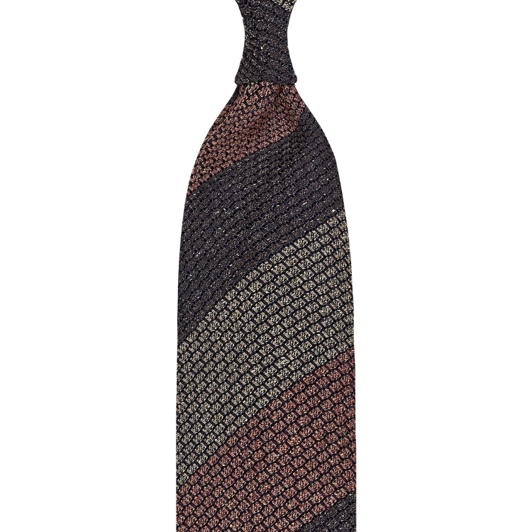 cravate rayée en grenadine de soie donegal – marron / cappucino / orange brûlé