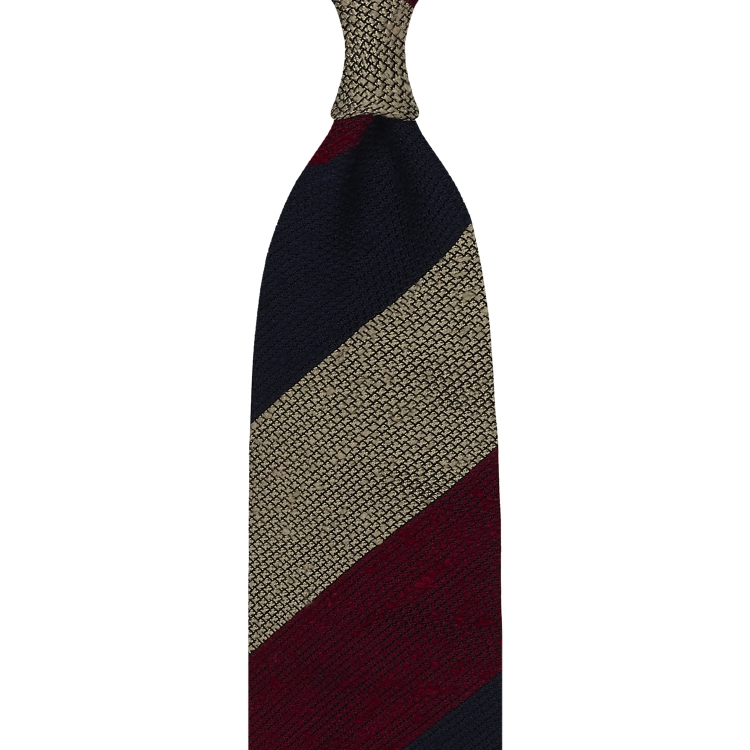cravate rayée en grenadine de soie donegal – bordeaux / bleu marine / beige