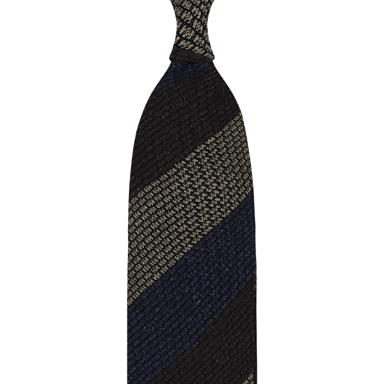 cravate rayée en grenadine de soie donegal – marron / beige / denim