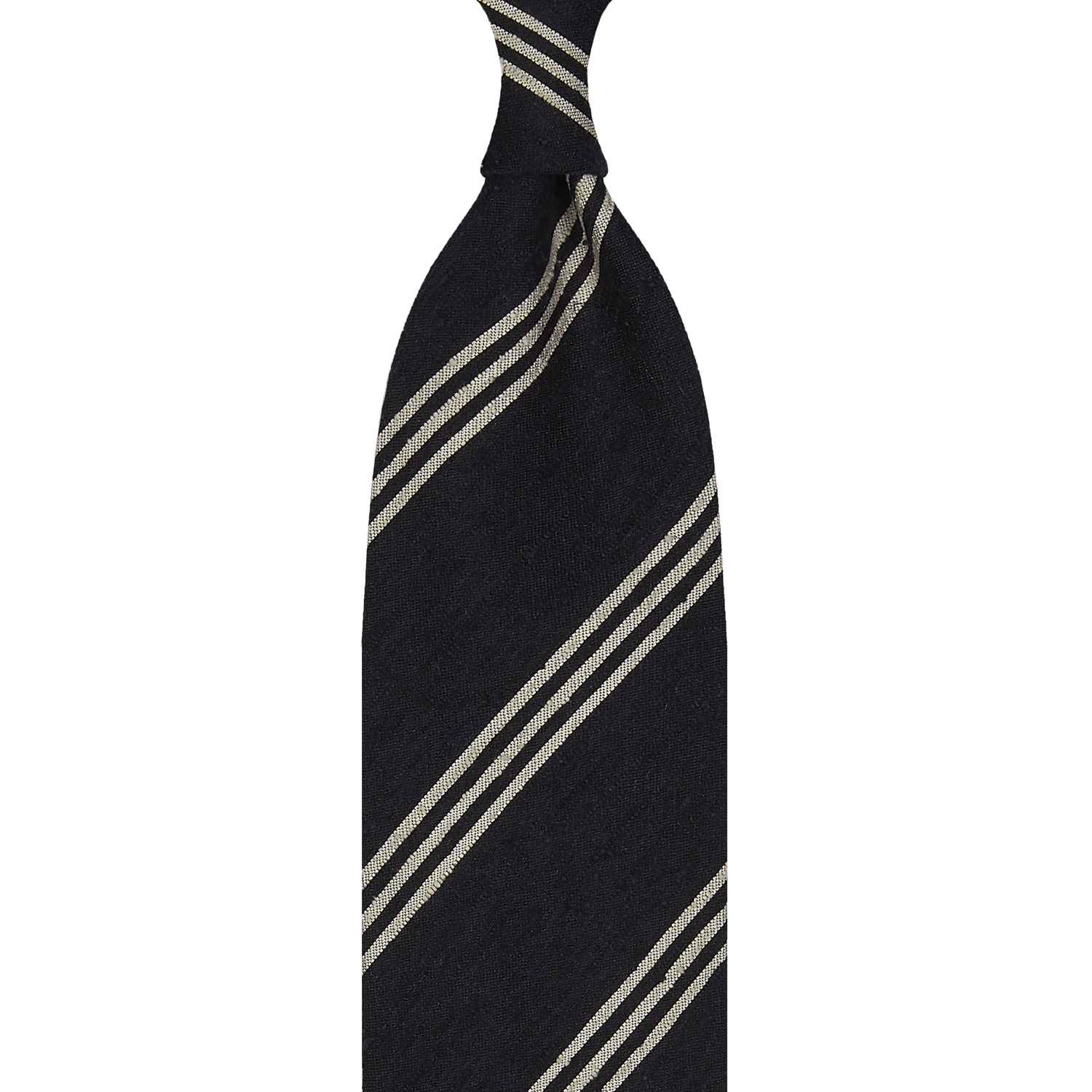Cravate rayée en shantung de soie bleu marine et beige, roulée à la main