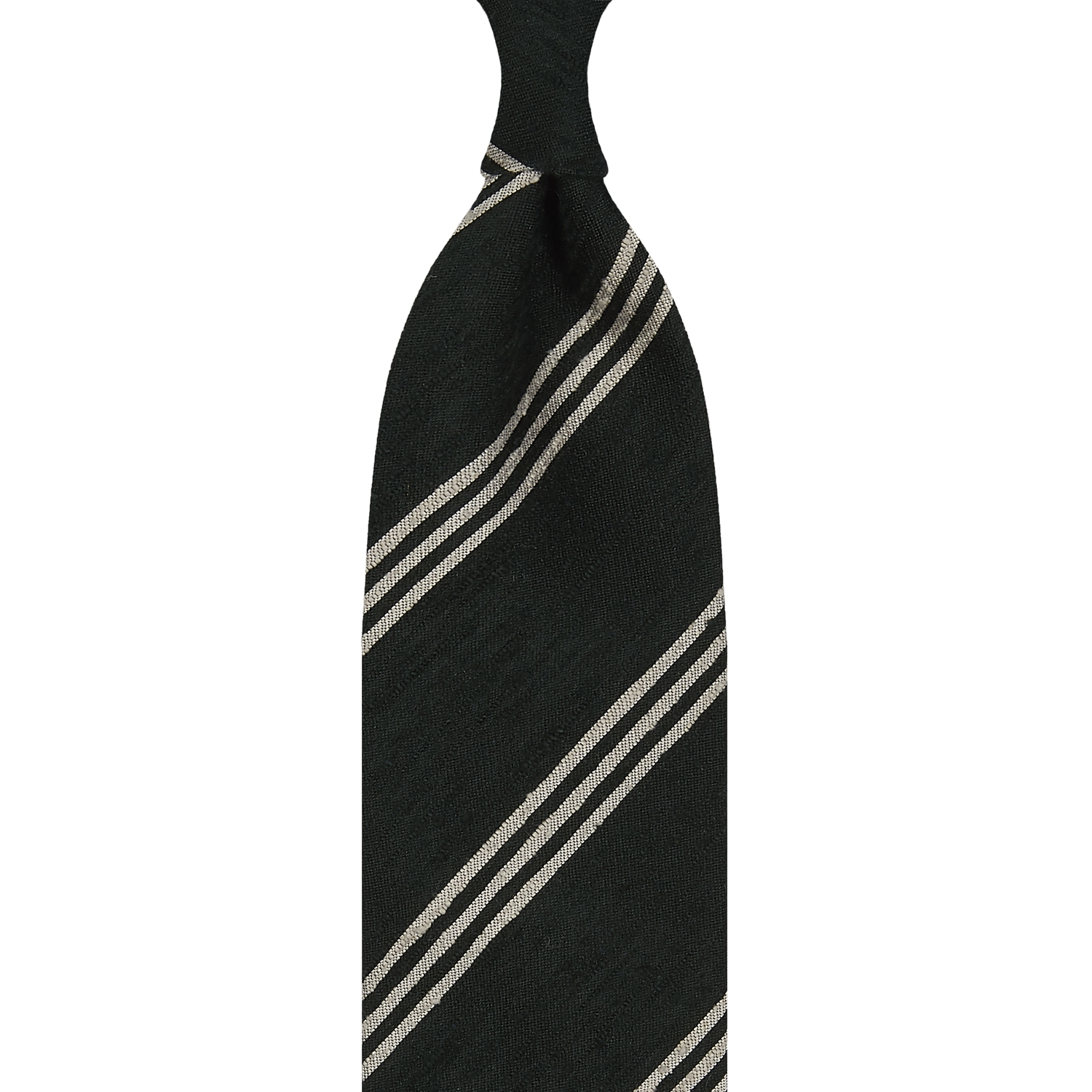 Cravate rayée en shantung de soie vert forêt et beige, roulée à la main