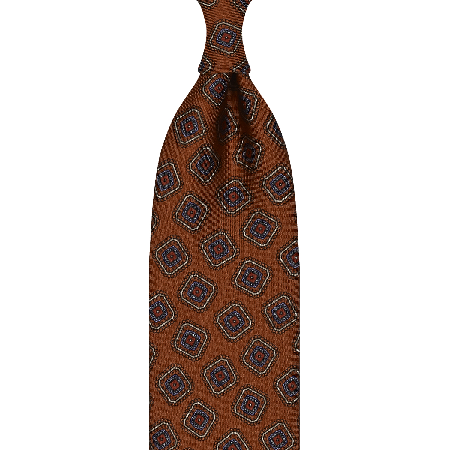 cravate en twill de soie orange brûlé - motifs diamants imprimés à la main