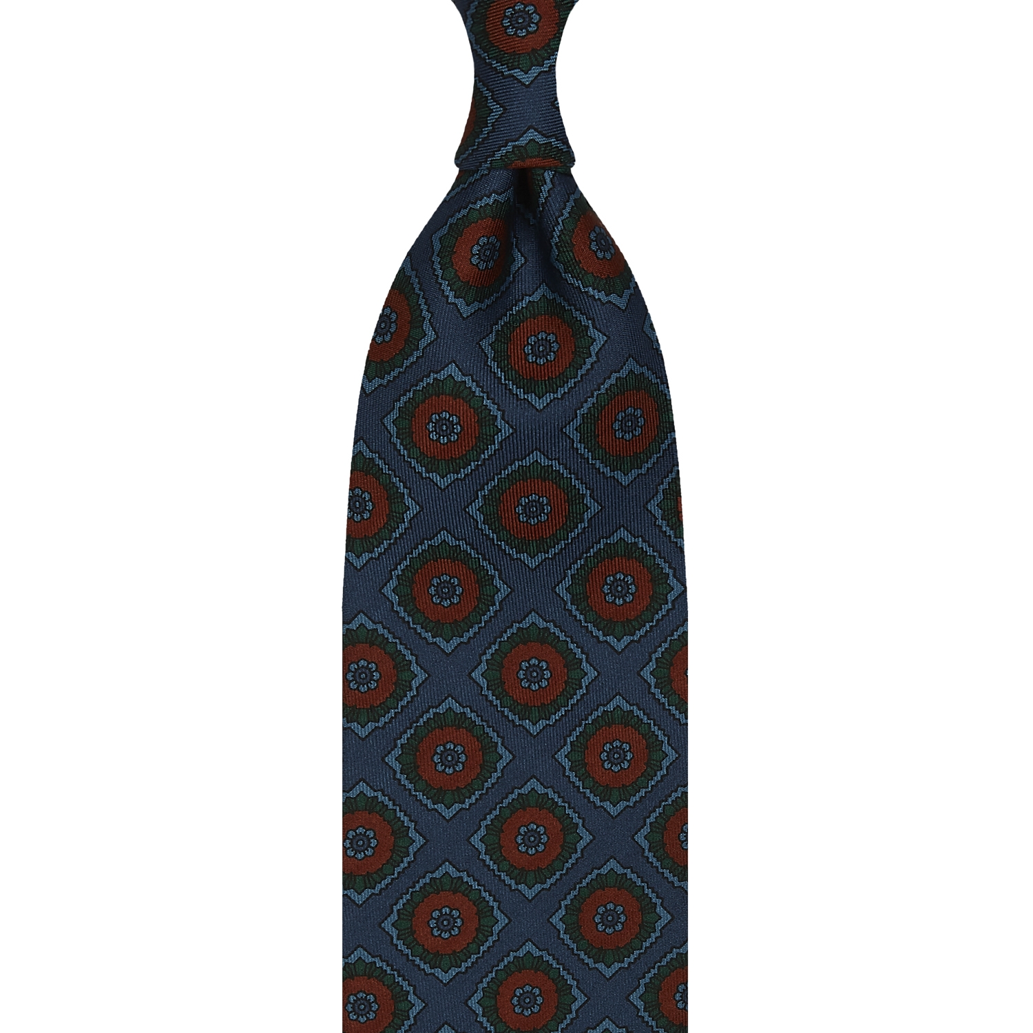 cravate à imprimé mosaïque en twill de soie bleu océan et orange brûlé
