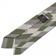 cravate à rayures larges en soie / lin / coton - Ivoire / Vert / Gris