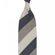 cravate à rayures larges en soie / lin / coton - Ivoire / Bleu Denim / Gris