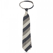 cravate à rayures larges en soie / lin / coton - Ivoire / Bleu Denim / Gris