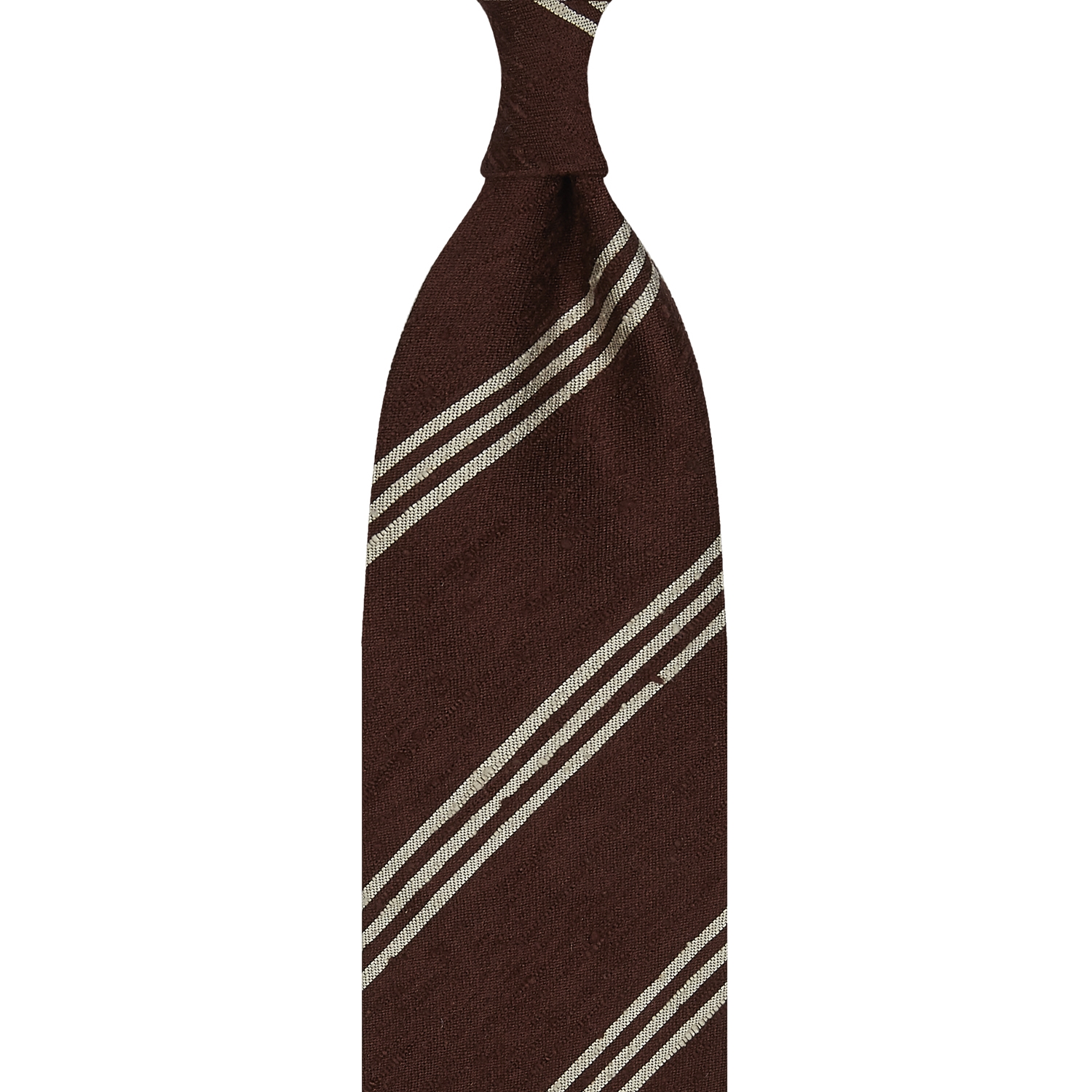 Cravate rayée en shantung de soie marron et beige, roulée à la main