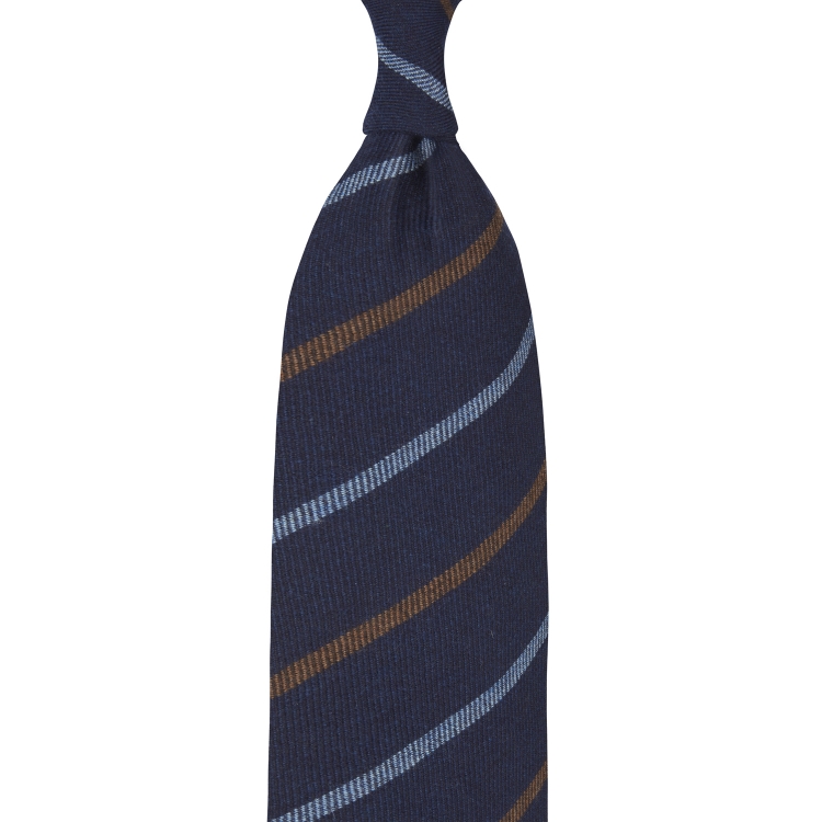 cravate en cachemire bleu marine à rayures bleu clair et rouille