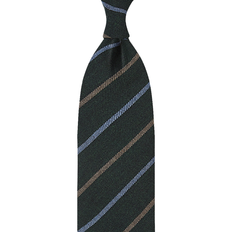Cravate pur cachemire verte rayée bleu clair et marron clair, roulée à la main