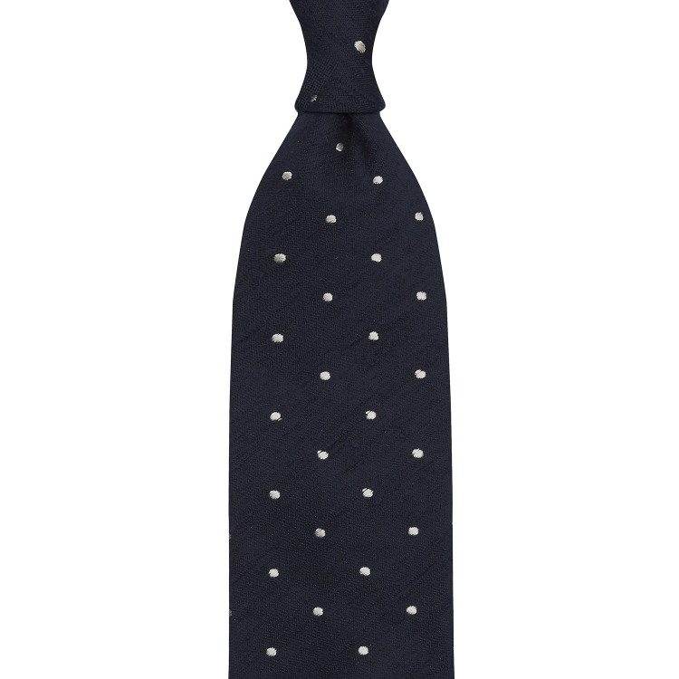 cravate à pois en shantung de soie bleu marine