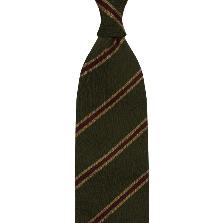 Cravate à rayures club en grenadine shantung – Khaki / Mustard / Wine