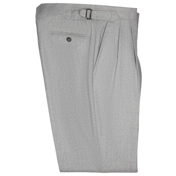 SSM-TR4 – Light grey double reverse pleats with side-adjusters - 100% wool  mid-high waisted flannel trousers @VBC fabric.