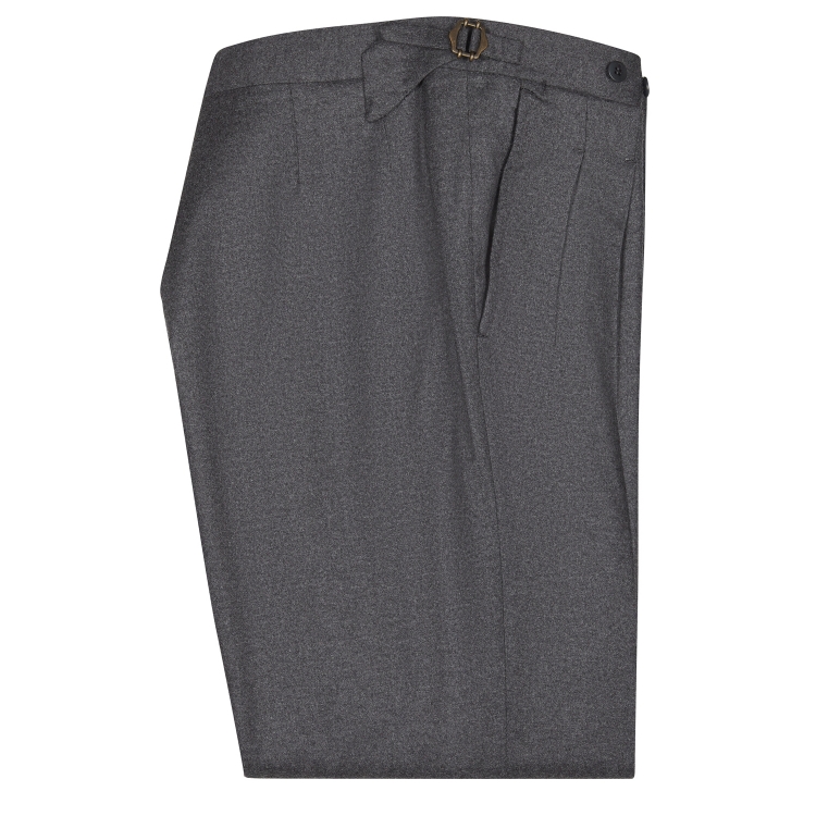 SSM-TR6 - Dark Grey double reverse pleats w/ side-adjusters. Cashmere/wool mid-high waisted flannel trousers