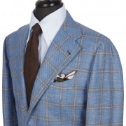 SSM13 - Check Patterned Light Blue/Brown Sport Single Breasted Neapolitan Jacket - Scabal Wool, Silk, Linen Hopsack Weave