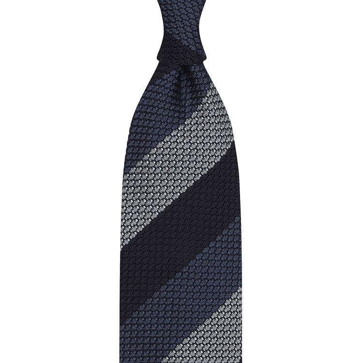 cravate à rayures en grenadine de soie garza grossa - Bleu marine, Bleu royal et Gris