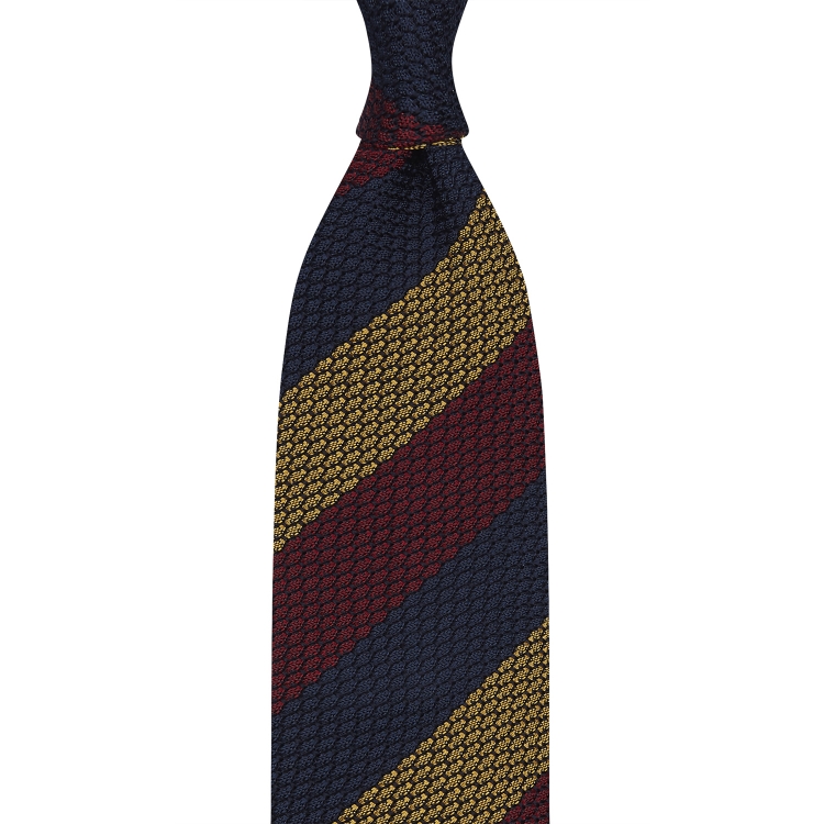 cravate à rayures en grenadine de soie garza grossa - Bleu marine, Bordeaux et Moutarde