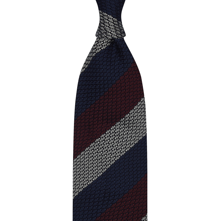 cravate à rayures en grenadine de soie garza grossa - Bleu marine, Bordeaux et Gris