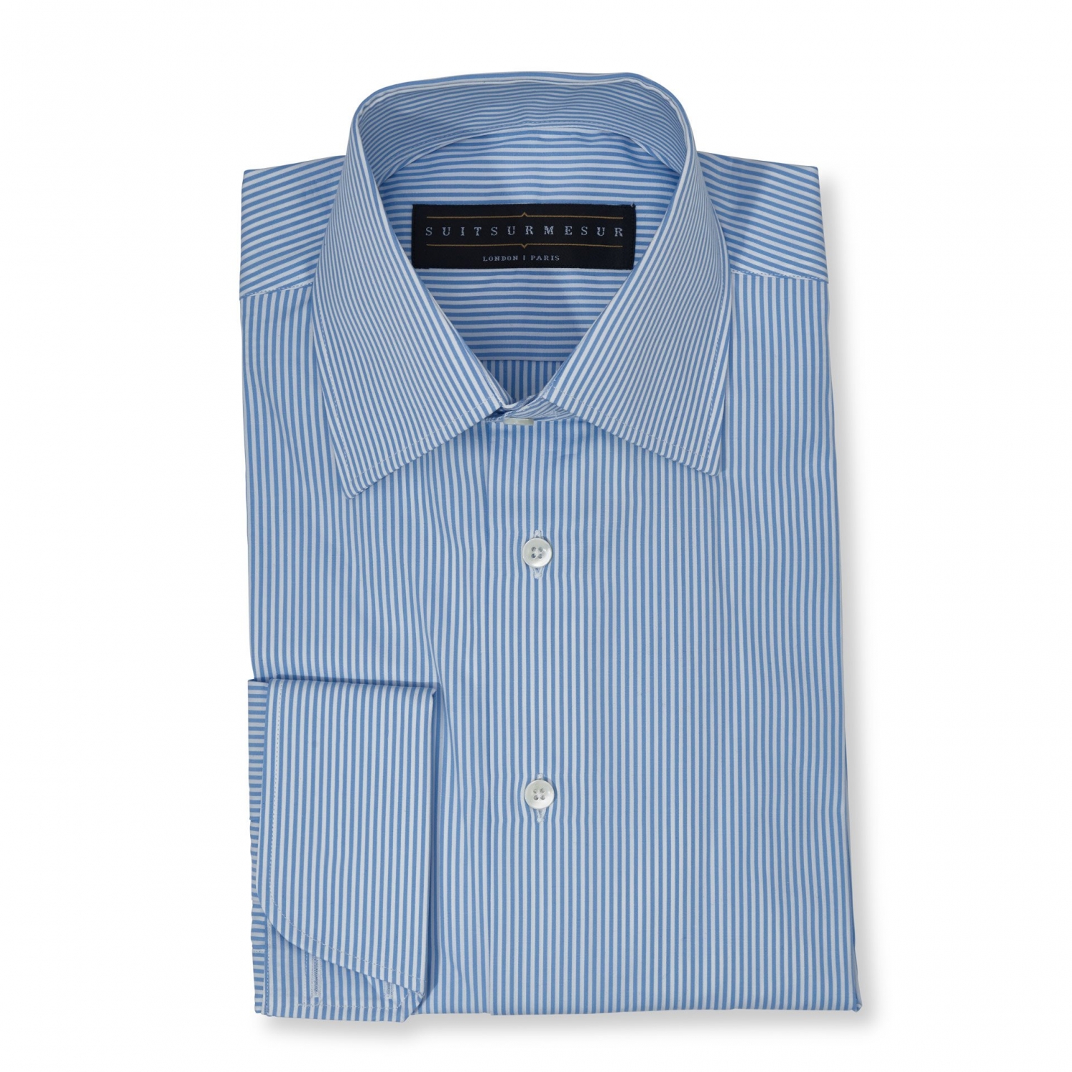 Chemise en popeline bleu clair à rayures fines (col demi-italien) – Tissu Thomas Mason 100% coton