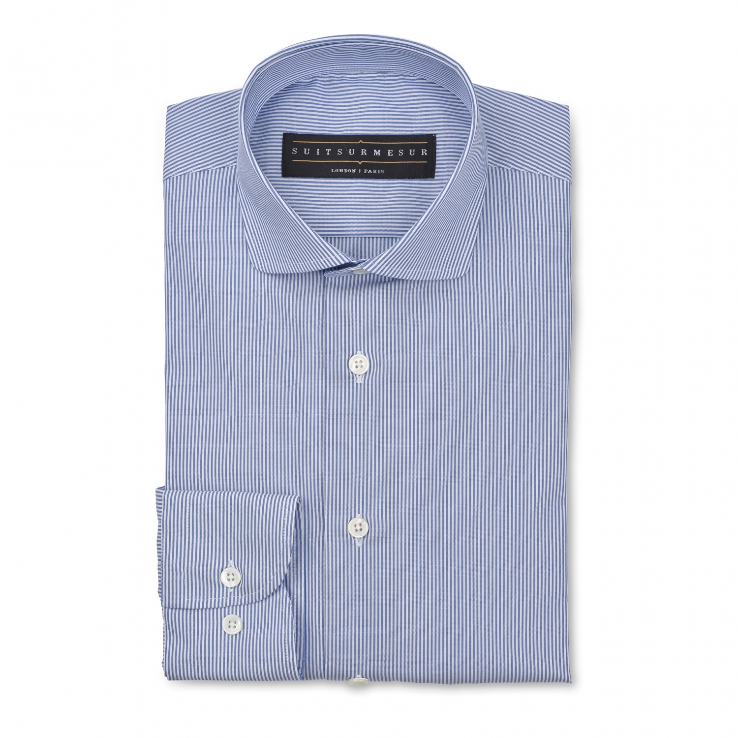 Chemise en popline bleu claire à rayures (col rond italien) – Tissu Soktas 100% coton - Faite à la main