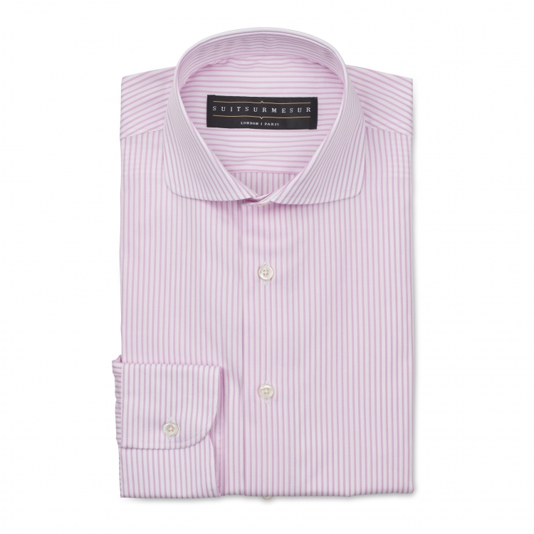 Chemise rose à rayures (col rond italien) – Tissu Canclini 100% coton